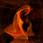 Schwarzer Hintergrund, rot orange phantasiefigur die wie tanzend aussieht